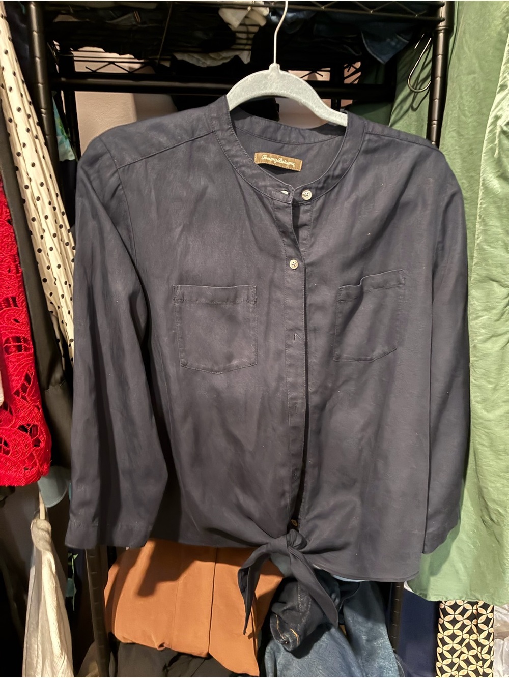 Tommy Bahama Navy Button-Front Tie Hem Blouse